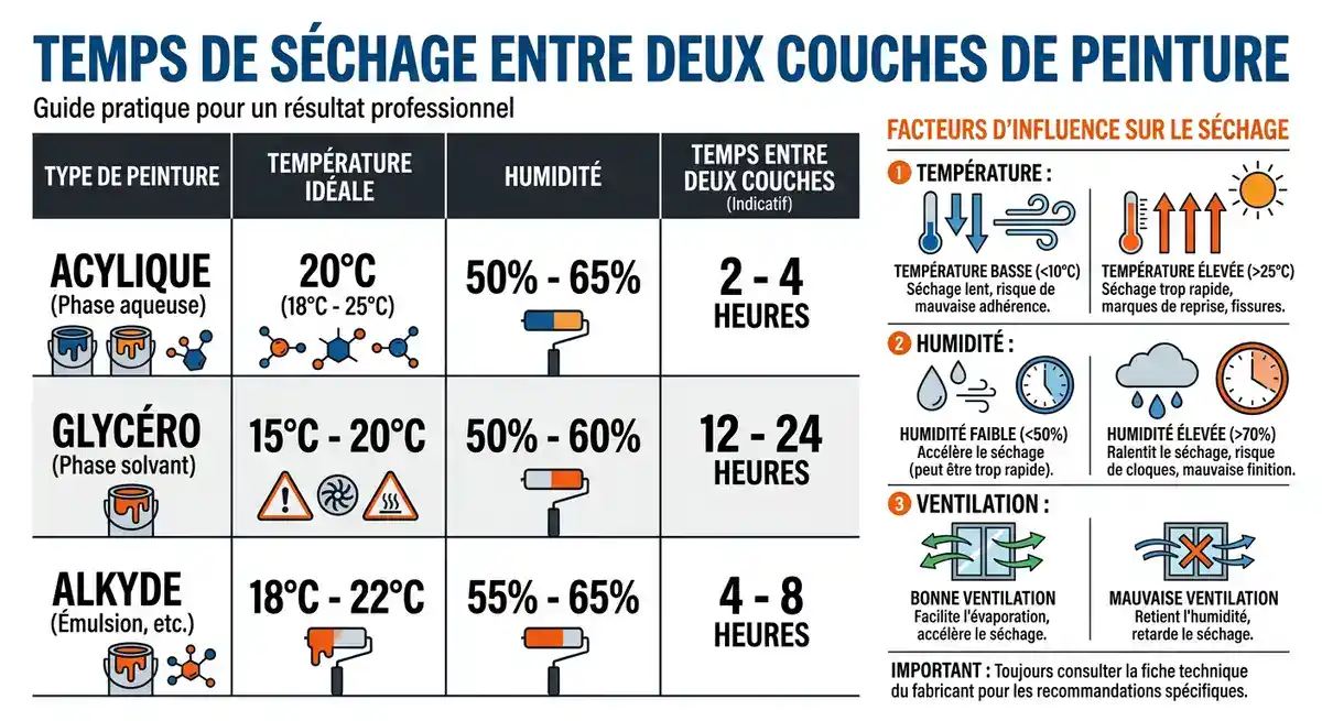 Tableau récapitulatif des temps de séchage entre deux couches de peinture selon le type de produit et les conditions environnementales.