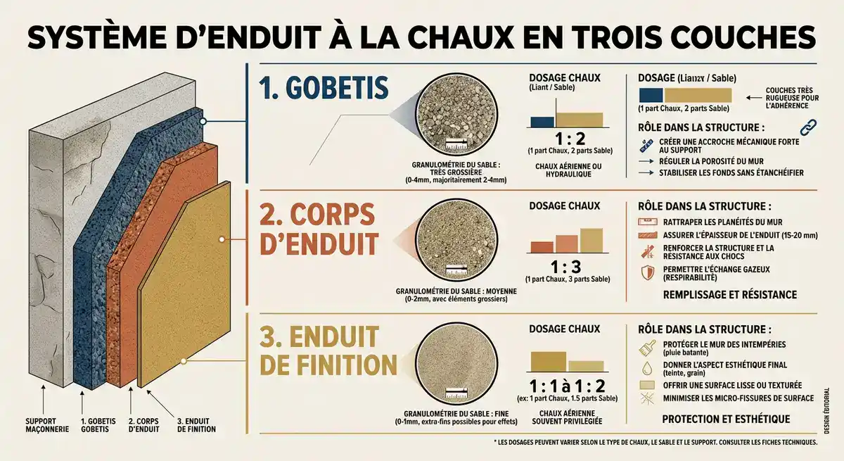 Schéma des trois couches d'un enduit à la chaux : gobetis, corps d'enduit et finition