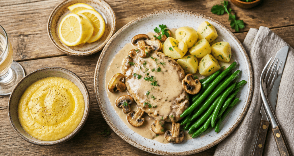 accompagnement escalopes de veau avec sauce et légumes
