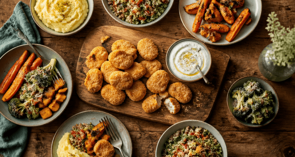 accompagnement nuggets avec légumes rôtis et purée