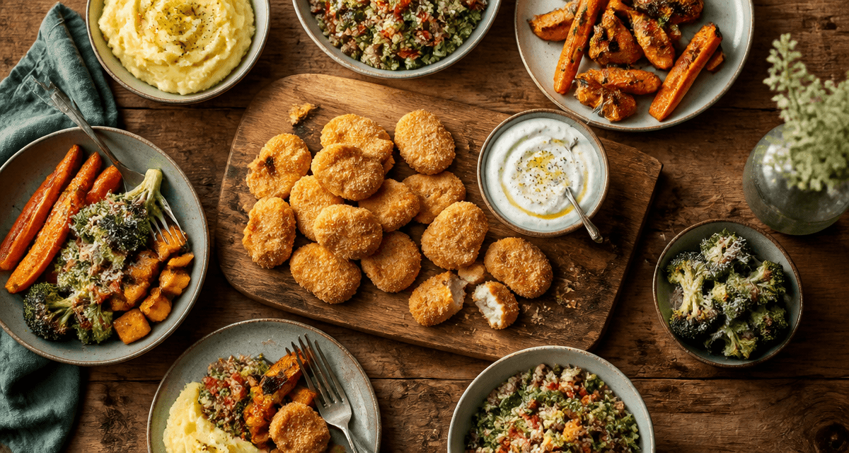 accompagnement nuggets avec légumes rôtis et purée