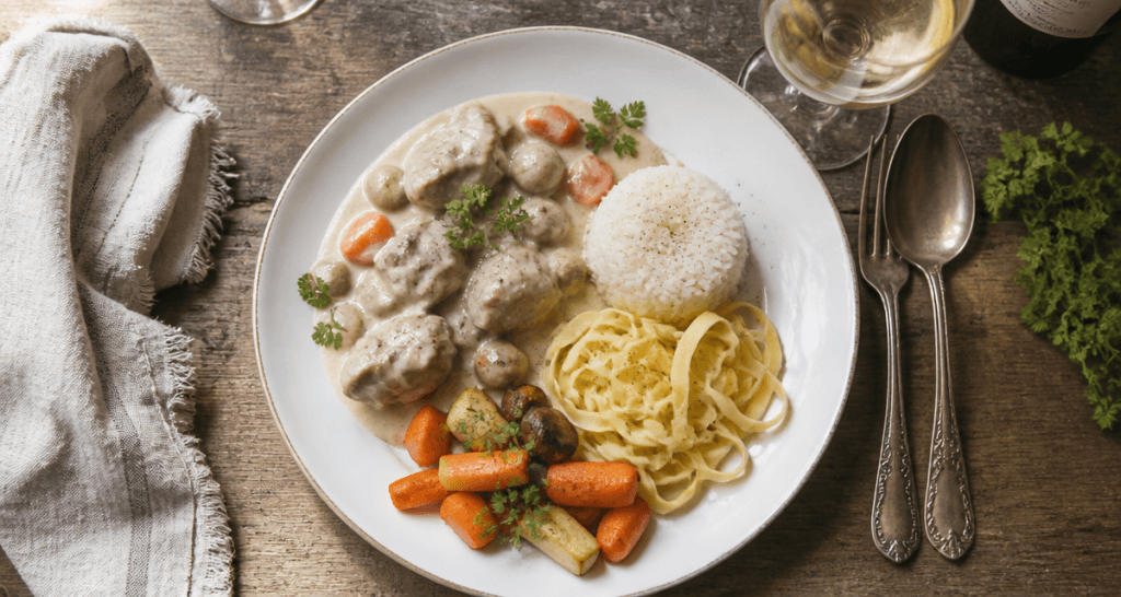 Blanquette de veau accompagnement riz légumes pâtes