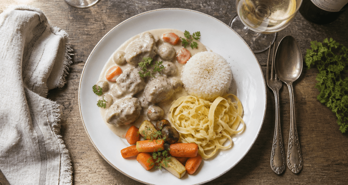 Blanquette de veau accompagnement riz légumes pâtes