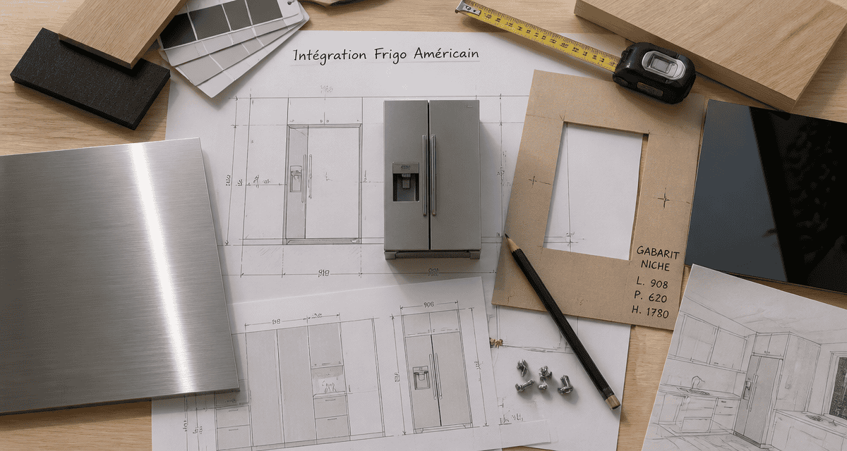 comment intégrer un frigo américain dans une cuisine, vue plan de travail moderne
