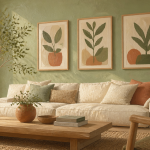 decoration murale vert sauge avec tableaux abstraits