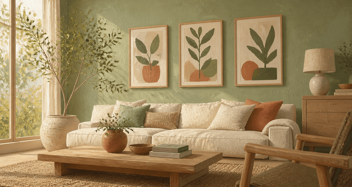 decoration murale vert sauge avec tableaux abstraits