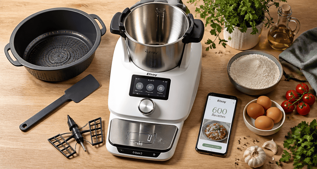 elsay robot multifonctions sur plan de travail avec accessoires et recettes