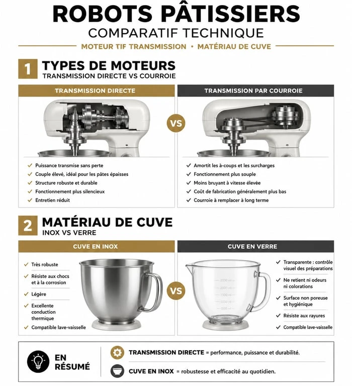 Infographie comparative des critères techniques pour choisir son robot pâtissier : moteur et cuve