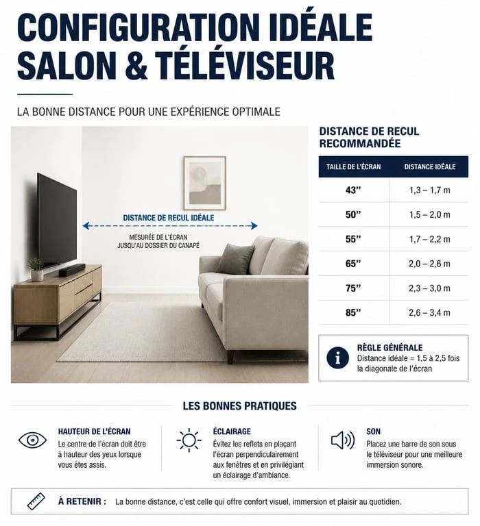 Schéma illustrant la distance idéale entre le canapé et la télévision pour un confort visuel optimal