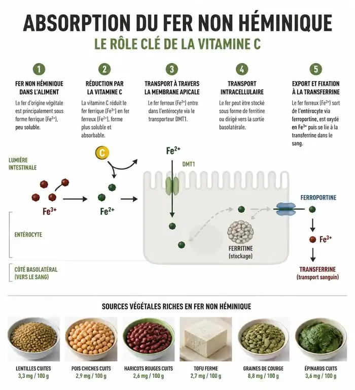 Infographie sur les fruits et légumes riches en fer et les conseils pour optimiser l'absorption du fer