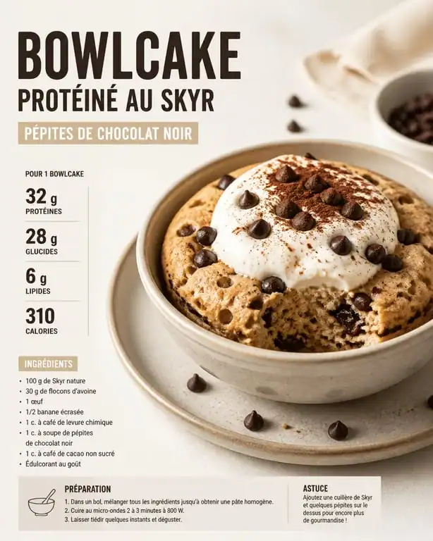 Bowlcake protéiné au Skyr et chocolat noir, recette riche en protéines pour la musculation