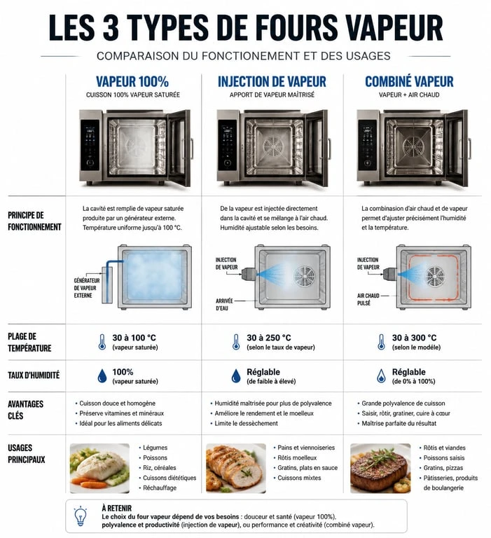 Comparatif des technologies de fours vapeur : vapeur 100%, injection et combiné pour choisir le meilleur four vapeur