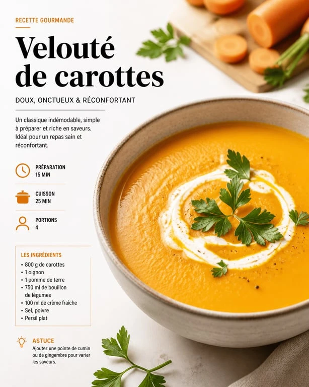 Bol de velouté de carottes onctueux préparé au Thermomix, décoré de crème et persil
