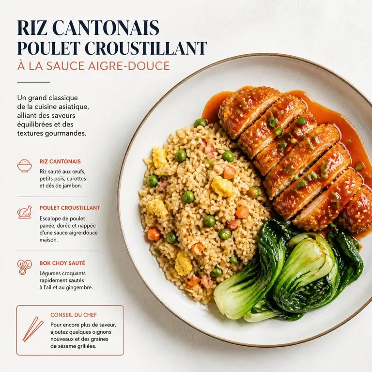 Riz cantonais accompagné de poulet croustillant et légumes pour un repas équilibré