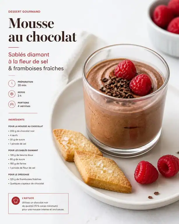 Mousse au chocolat accompagnée de sablés diamant et framboises pour un dessert raffiné
