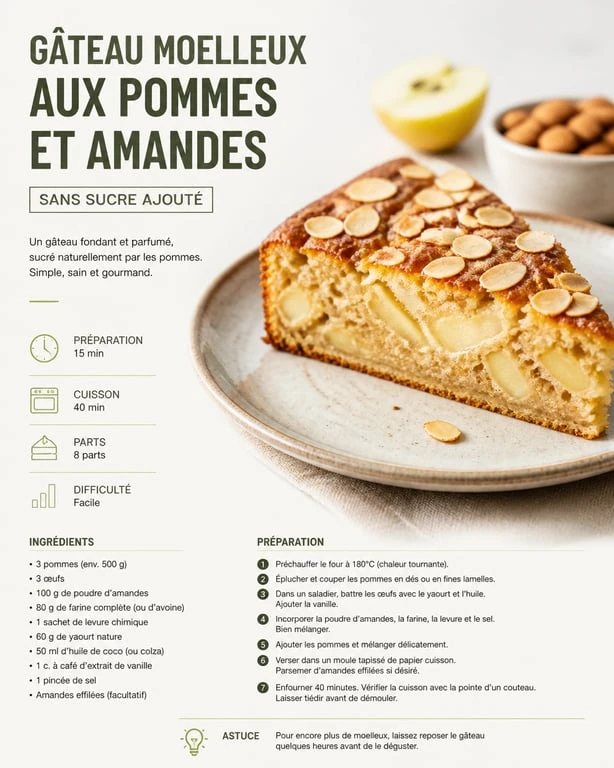 Gâteau moelleux aux pommes et amandes pour diabétique, recette sans sucre ajouté