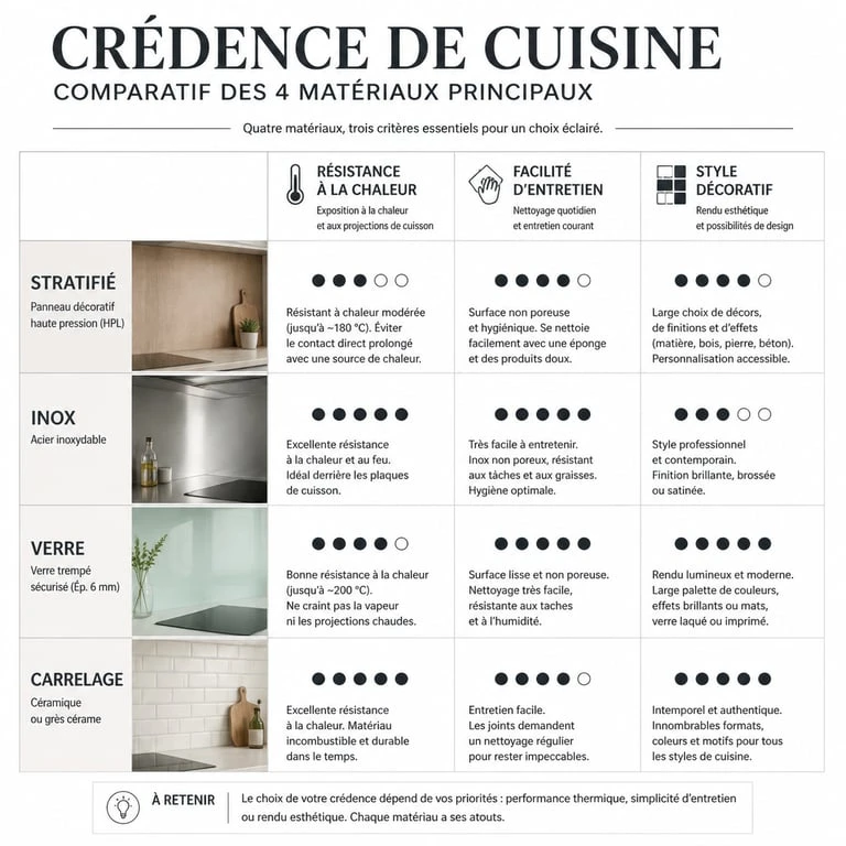 Infographie comparative des matériaux pour choisir sa crédence de cuisine : stratifié, inox, verre et carrelage