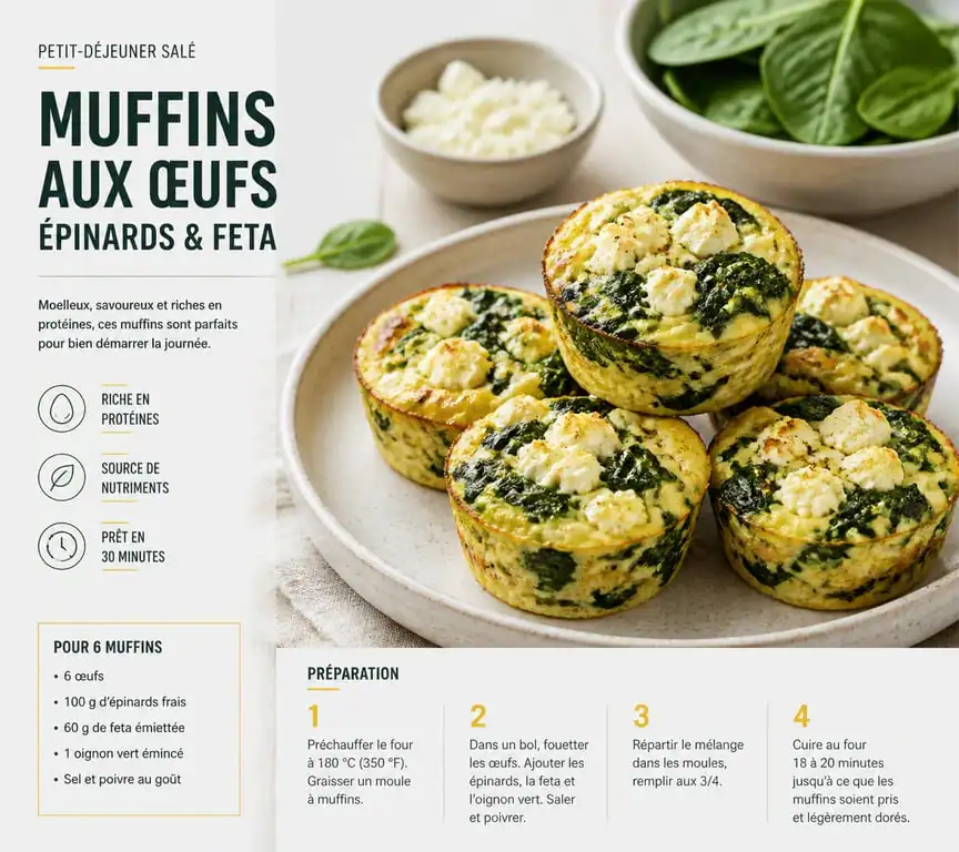 Muffins aux œufs, épinards et feta pour un petit déjeuner salé à préparer la veille