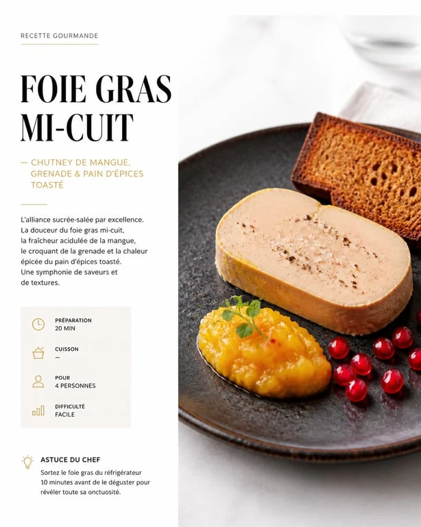 Service de foie gras avec chutney de mangue et pain d'épices pour une dégustation raffinée