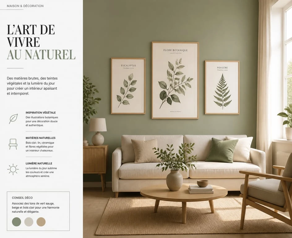 Décoration murale vert sauge dans un salon contemporain avec cadres en bois