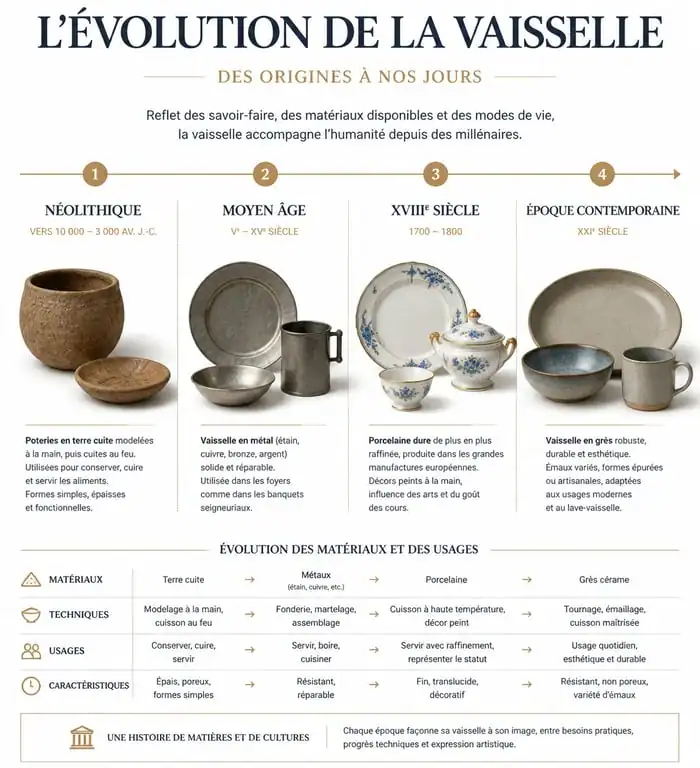 Infographie sur l'évolution historique et les types de vaisselle, de la poterie ancienne à la porcelaine moderne