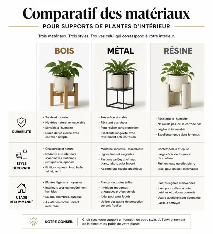 Comparatif des matériaux pour support plante intérieur : bois, métal et résine.
