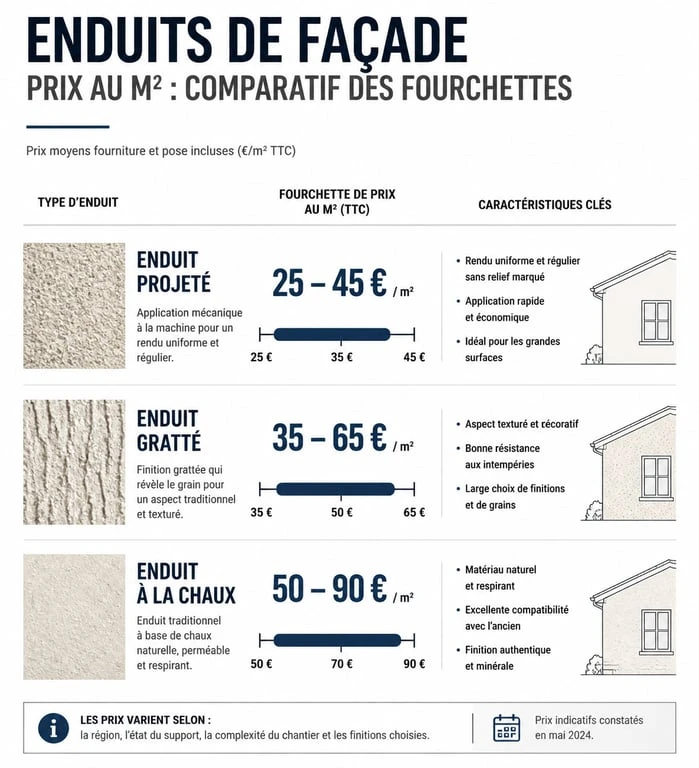 Tableau comparatif des prix de l'enduit au m2 selon le type de finition