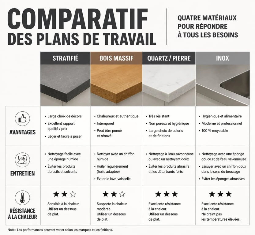 Tableau comparatif des matériaux pour plan de travail 80 cm de profondeur