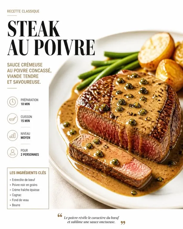 Steak au poivre préparé sans cognac, sauce onctueuse et poivrée dans une assiette élégante