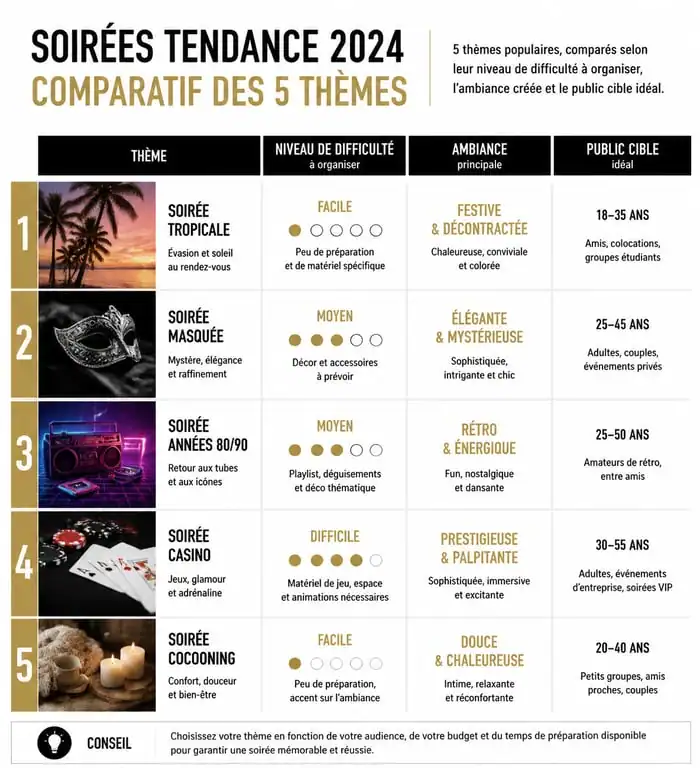 Infographie comparative des thèmes de soirée tendance 2024 pour réussir vos événements