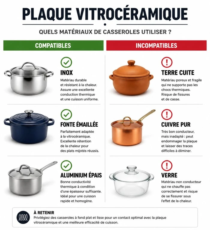 Infographie comparative des matériaux de casseroles compatibles et incompatibles avec une plaque vitrocéramique