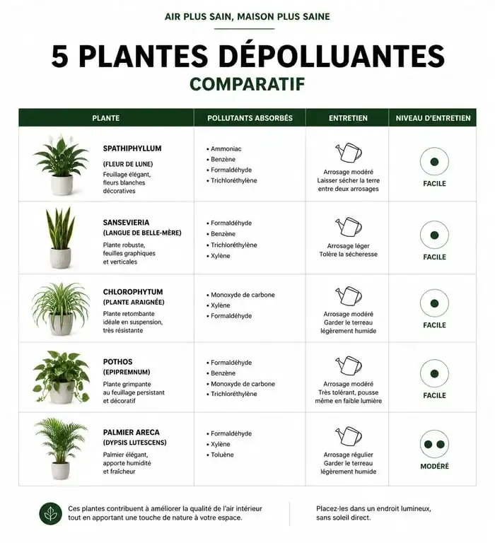 Infographie comparative des plantes d'intérieur dépolluantes et leurs capacités de purification de l'air