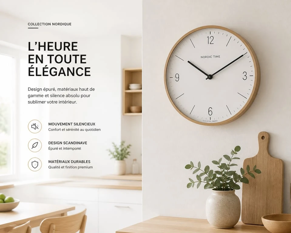 Horloge cuisine moderne installée dans une cuisine lumineuse au design épuré