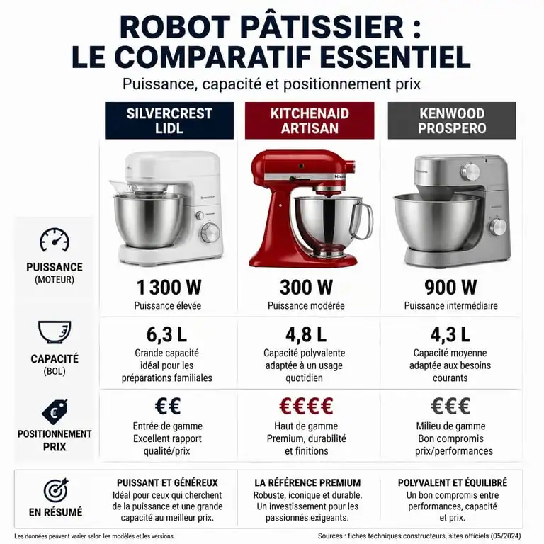 Comparatif robot pâtissier Lidl Silvercrest vs KitchenAid et Kenwood