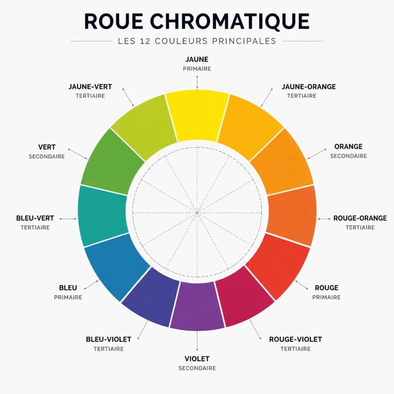 Cercle chromatique illustrant les 12 couleurs principales : primaires, secondaires et tertiaires.