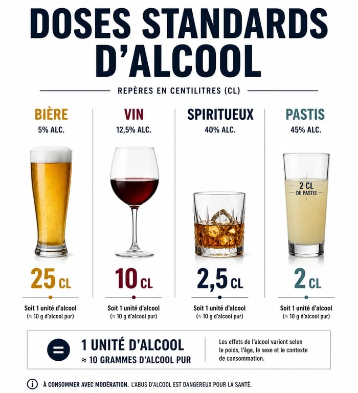 Tableau des doses d'alcool standards en bar en cl