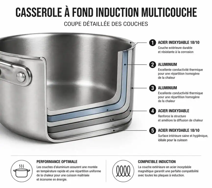 Schéma technique d'une casserole compatible induction avec fond multicouche