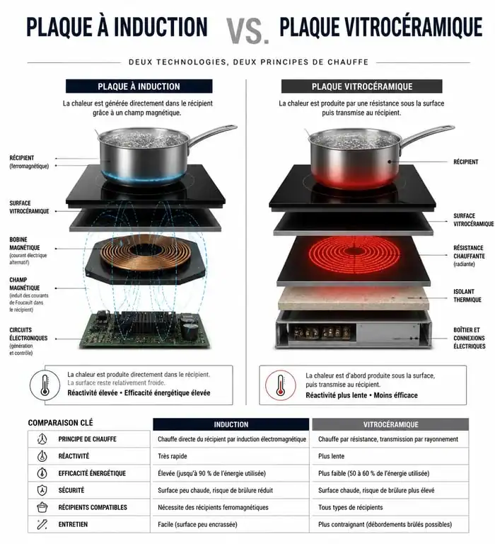 Schéma comparatif du fonctionnement entre une plaque à induction et une plaque vitrocéramique pour comprendre la différence entre induction et vitrocéramique