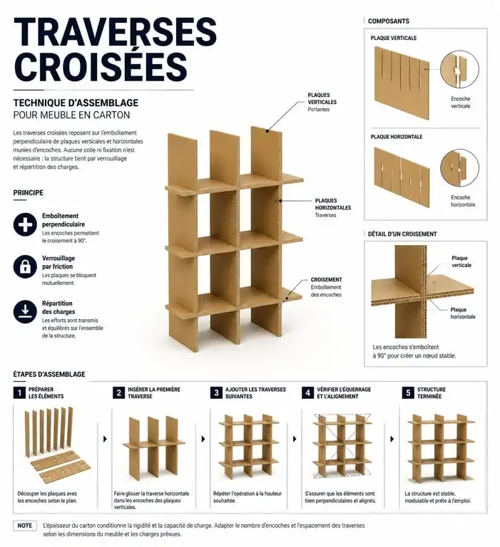 Schéma technique de fabrication de meuble en carton avec traverses croisées