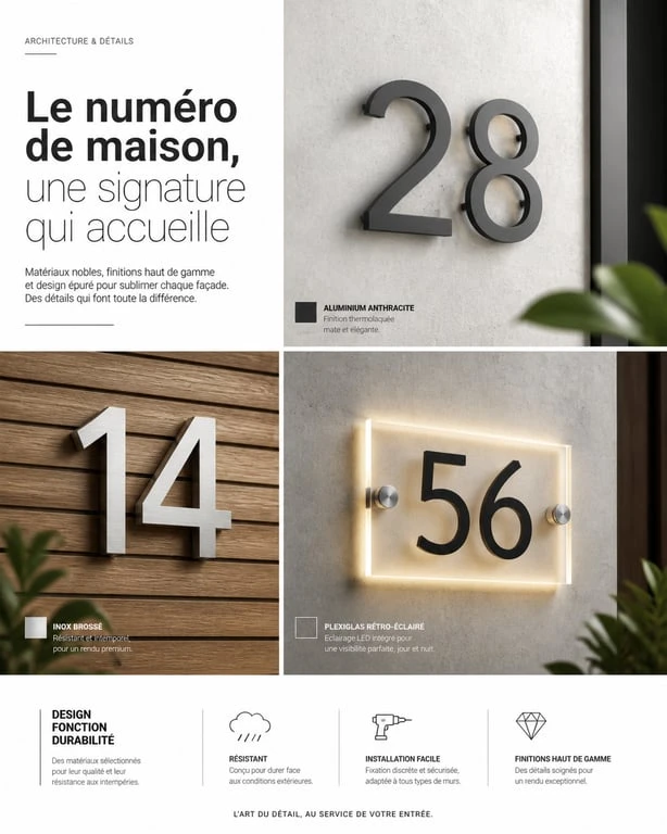 Exemples de numéros de maison design modernes en aluminium et inox sur façades contemporaines