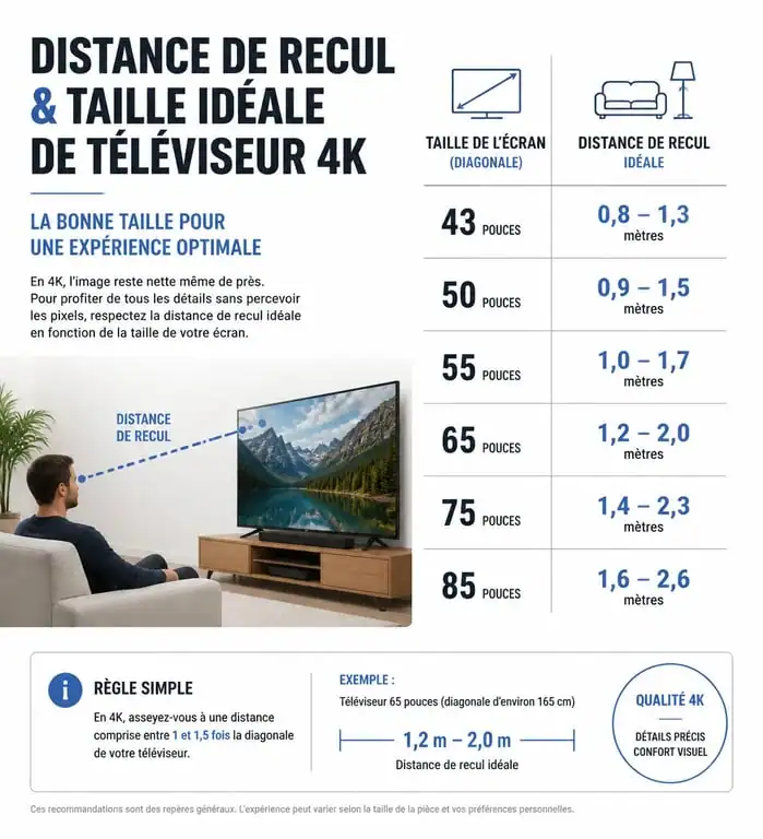 Infographie taille idéale TV 4K selon distance de recul