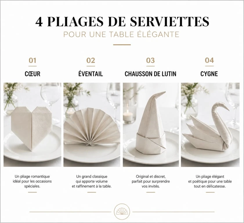 Exemples de pliage serviettes papier facile et gratuit pour décoration de table