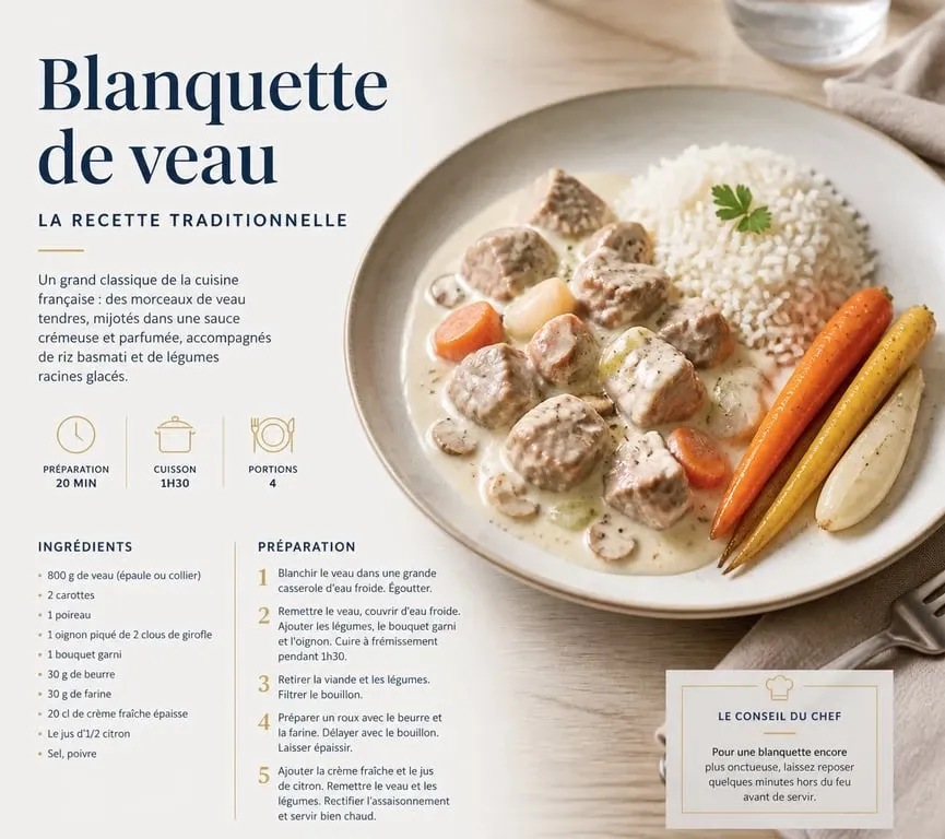 Assiette de blanquette de veau traditionnelle avec son accompagnement de riz et légumes