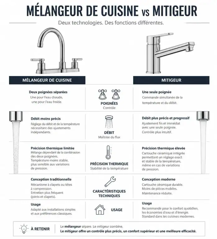 Comparatif visuel mélangeur robinet cuisine et mitigeur