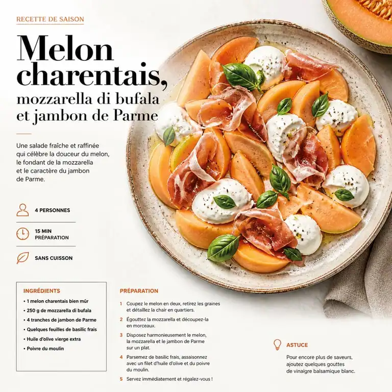 Recette de salade de melon charentais, mozzarella di bufala et jambon de Parme