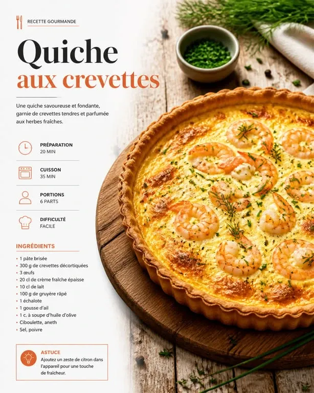 Quiche aux crevettes maison dorée et croustillante servie sur une table