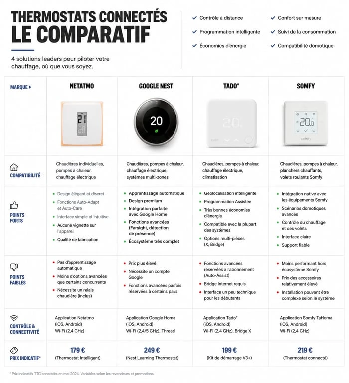 Comparatif des meilleurs thermostats connectés : avis sur Netatmo, Nest, Tado et Somfy pour optimiser votre chauffage.
