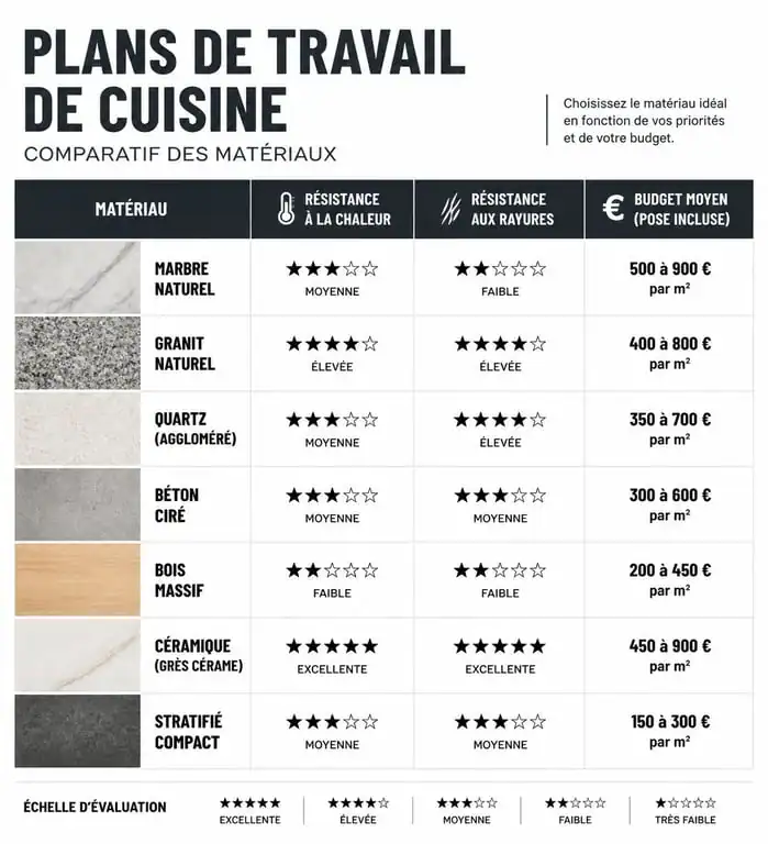 Comparatif des matériaux de revêtement de plan de travail cuisine