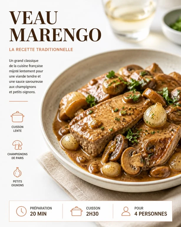 Assiette de veau Marengo traditionnel avec son accompagnement