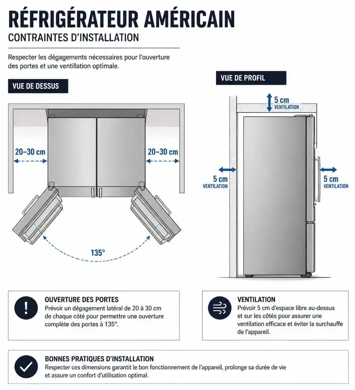 Schéma technique des règles d'installation et de ventilation pour un réfrigérateur américain dans une cuisine
